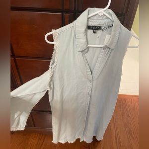 Maven west chambray dress with cold shoulder, buttons up and frayed hem